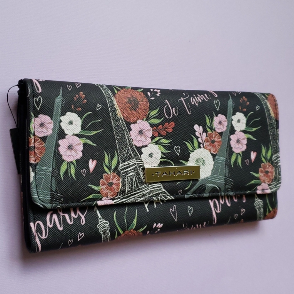 Tahari Trifold RFID Black Multicolor Wallet Floral Paris Scene NWT - Picture 10 of 11